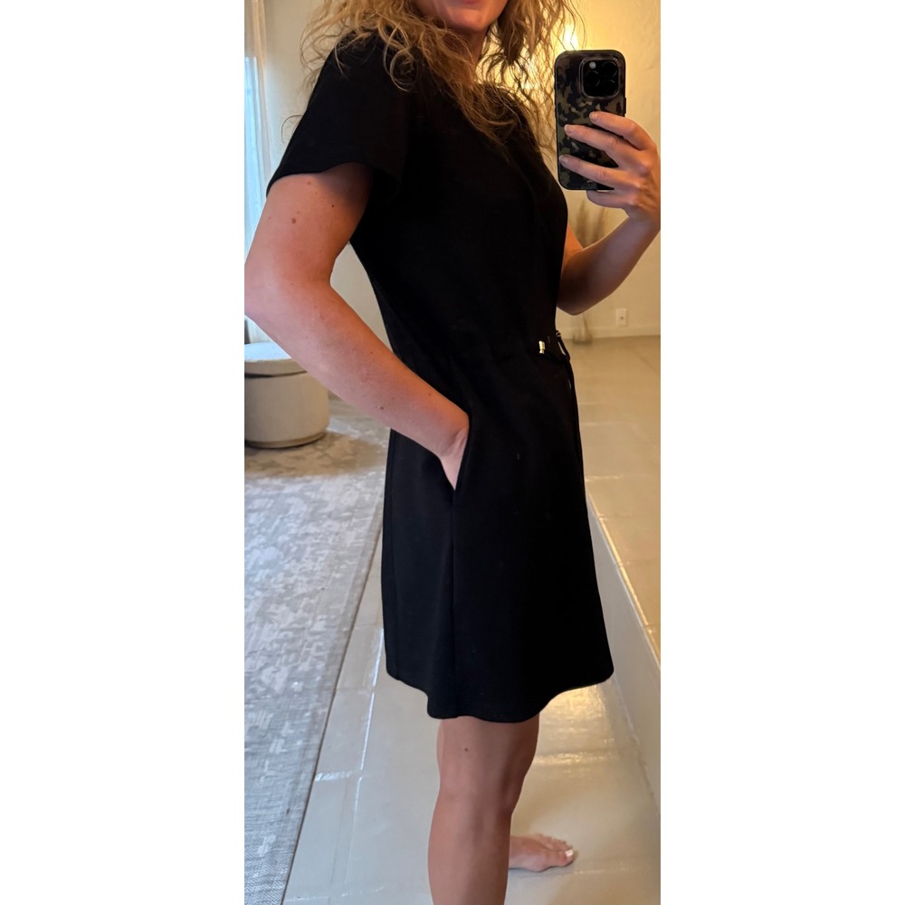 Elie Tahari Black Short Sleeve Drawstring Waist Mini Dress Pockets Large - Picture 2 of 10
